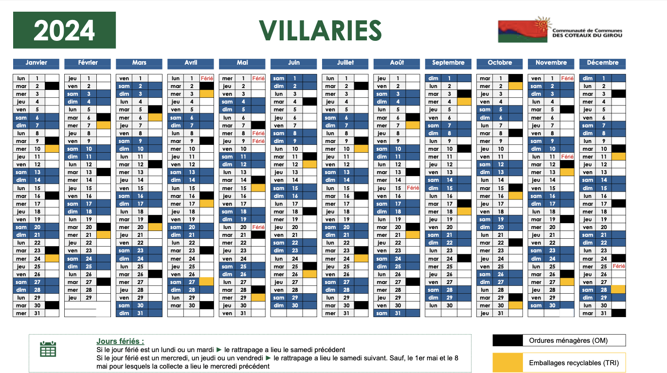 jours passage OM 2024 Calendrier de collecte des déchets
